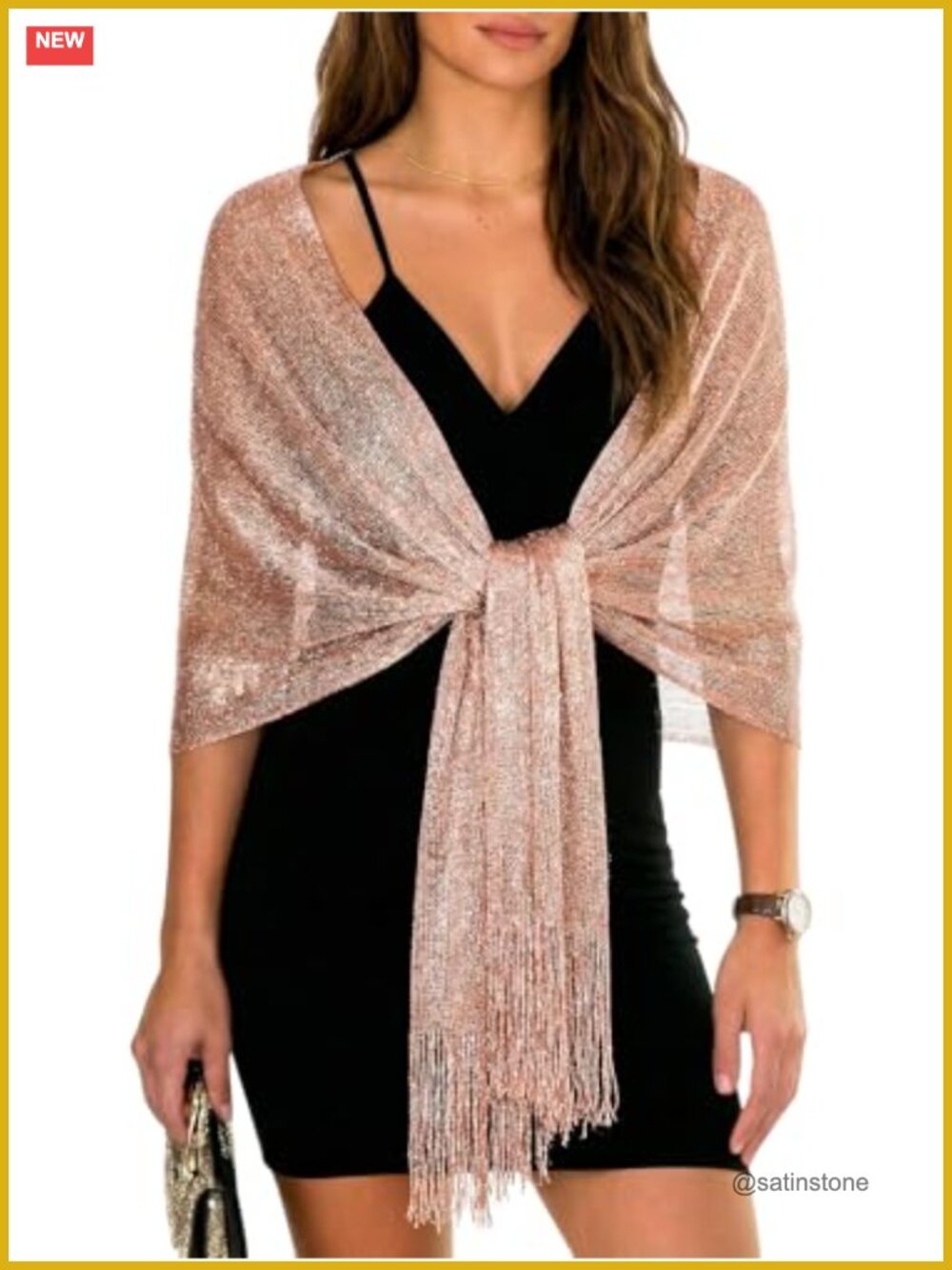 Women's Metallic Glitter Sparkling Evening Shawl Wrap with Fringe & Buckle -